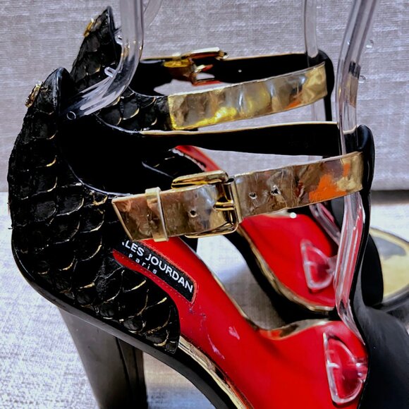 Vintage CHARLES JOURDAN PARIS Open Toe Leather T-Strap Platform High Heels Black - Picture 6 of 15